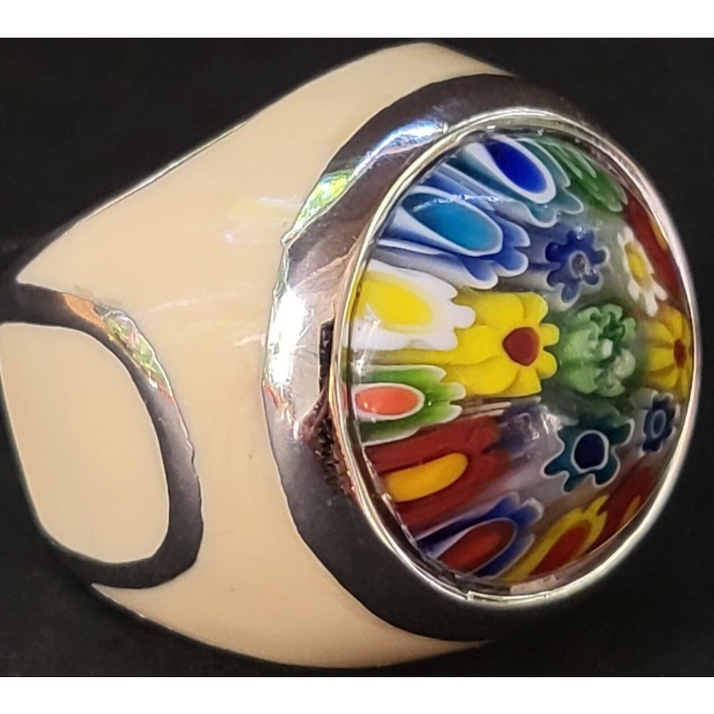 RARE VINTAGE VENETIAN MURANO GLASS MILLEFIORI ENAMEL STAINLESS STEEL RING SIZE 7